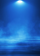 Empty background scene. Spotlight light reflection on asphalt. Rays of neon light in the dark, neon shapes, smoke. Background of an empty stage show. Abstract blue dark background.
