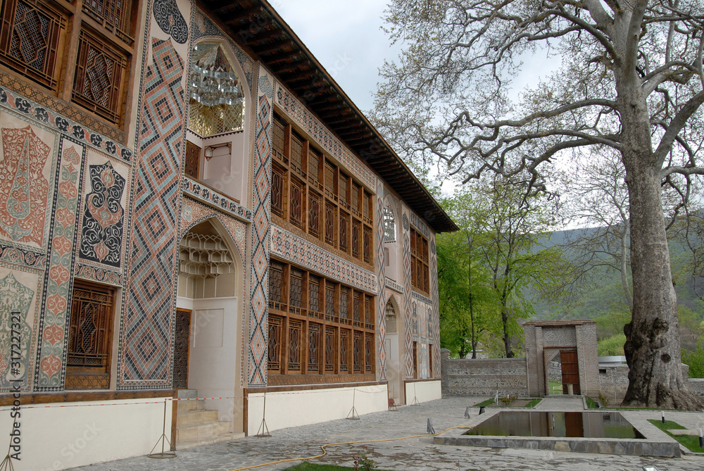 Former palace of Sheki khans is one of the main touristic attraction in the city. heki town, Azerbaijan, Caucasus.
