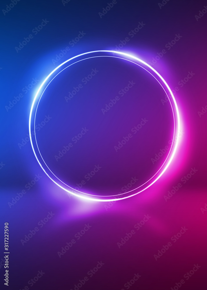 Abstract dark background with blue and pink neon glow. Neon luminous figure in the center of the stage. Abstract dark background with blue and pink neon glow. Neon luminous figure in the center of the stage.