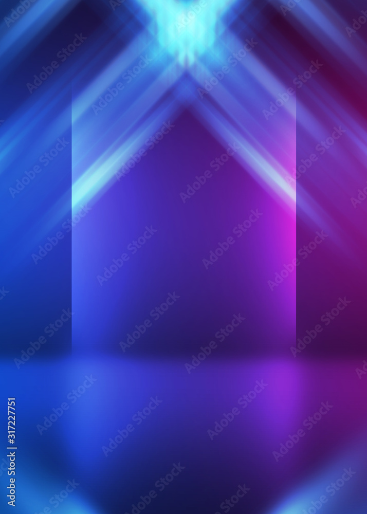 Abstract dark background with blue and pink neon glow. Neon luminous figure in the center of the stage. Abstract dark background with blue and pink neon glow. Neon luminous figure in the center of the stage.