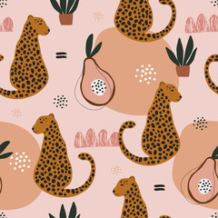 Fototapete Dschungelmuster fürs Kinderzimmer Geparden und Leoparden im Dschungel  © OliaGraphics
