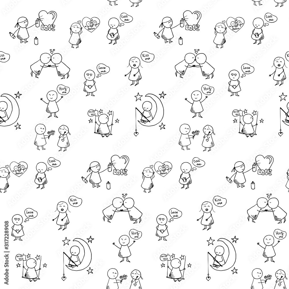 Love seamless pattern. Funny people icons for your design. Doodle festive vector Illustration.