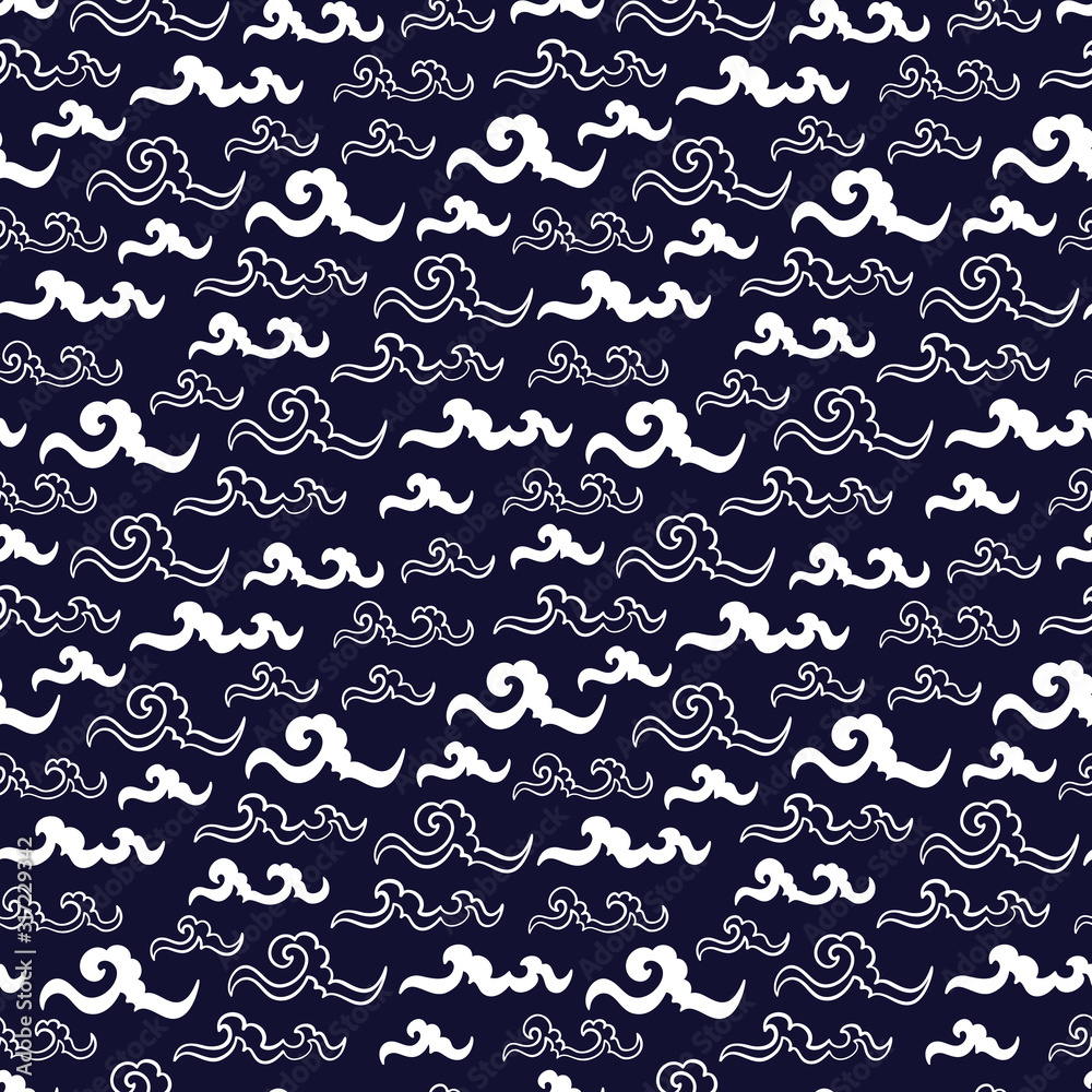 Sea Waves Vector Seamless pattern. Hand drawn Doodle Wave. Cartoon Sea or Ocean Black and White Background