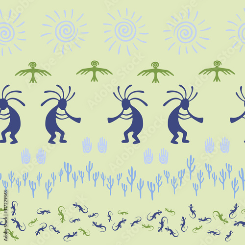 Aborigine, design with lizard, Kokopelli fertility deity, sun, eagle, cacti. © SunwArt