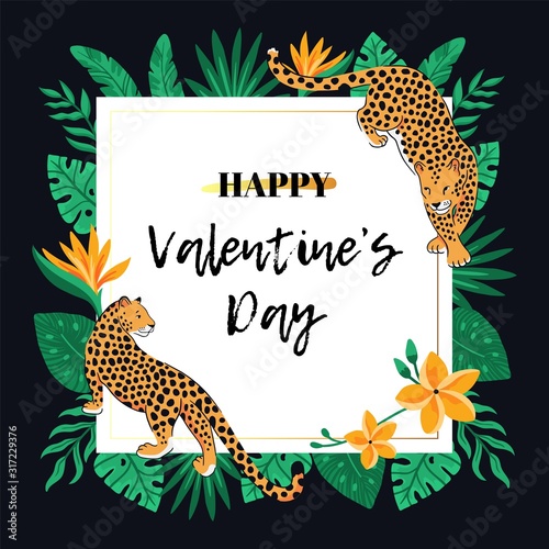 Valentine's day frame with leopards and tropical flowers on the black background. Good for cards, greetings, social media. Vector illustration.