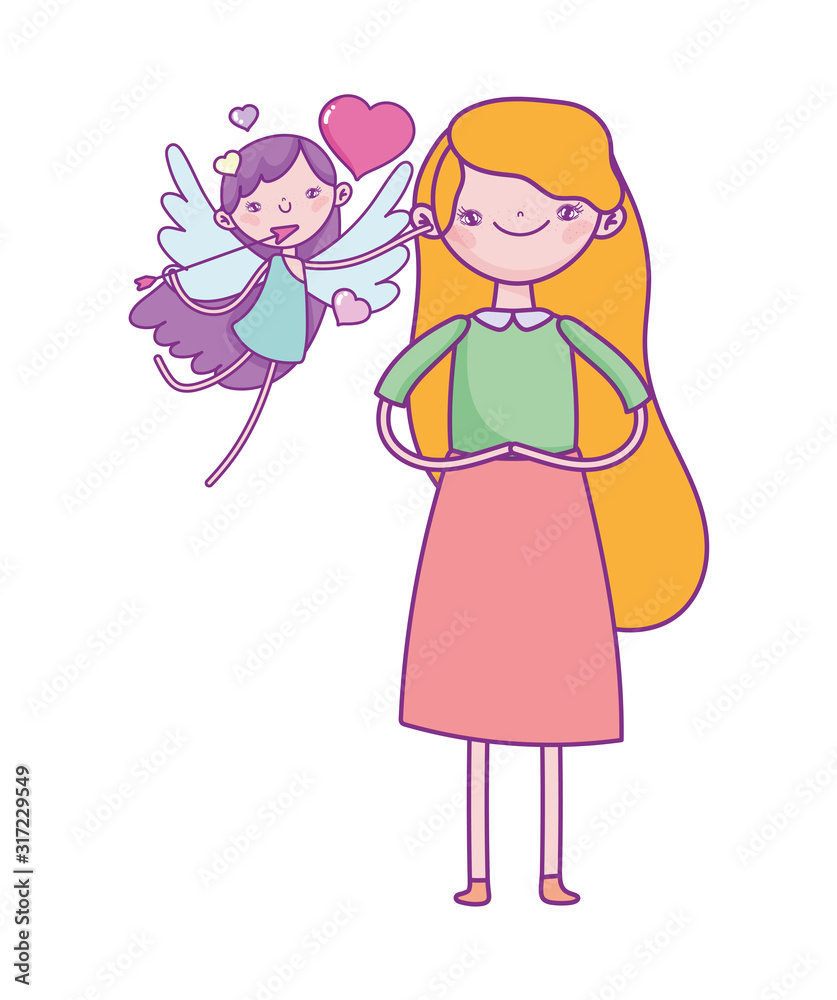 happy valentines day, flying cupid with arrow hearts and young woman cartoon characters happy valentines day, flying cupid with arrow hearts and young woman cartoon characters