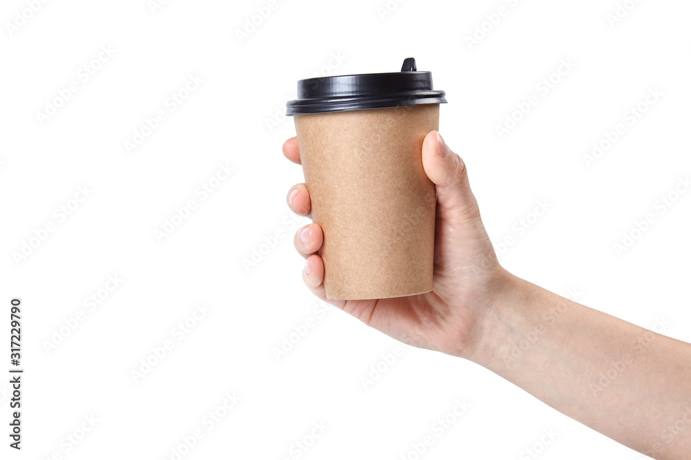 Hand holding a cup isolated on white background. - obrazy, fototapety, plakaty 