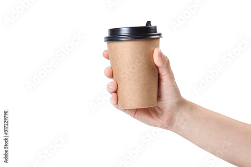 Hand holding a cup isolated on white background.