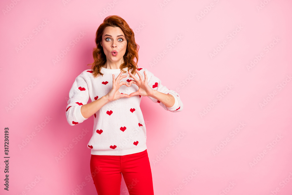 Portrait of her she nice attractive lovely lovable funny funky cheerful cheery wavy-haired girl wearing white pullover showing heart sign pout lips isolated on pink pastel color background Portrait of her she nice attractive lovely lovable funny funky cheerful cheery wavy-haired girl wearing white pullover showing heart sign pout lips isolated on pink pastel color background