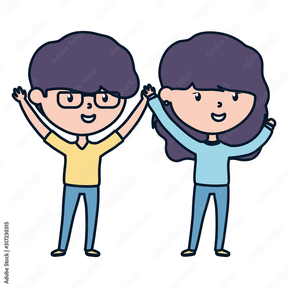young man and woman celebrating hands up young man and woman celebrating hands up