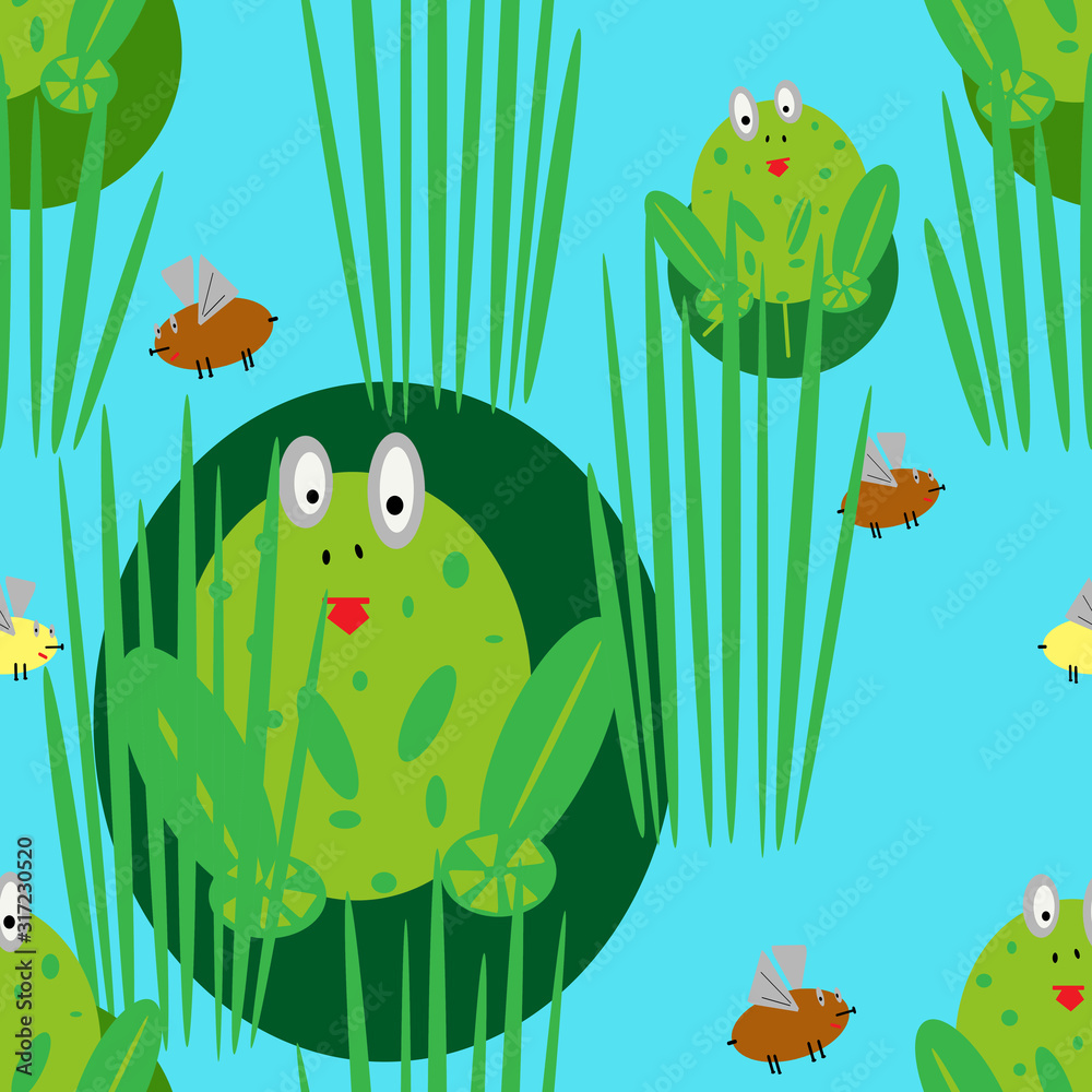 Fototapeta premium Green frogs on the water, flies, for seamless pattern, fabric, children's wallpaper and holidays, paper, postcard, blue background