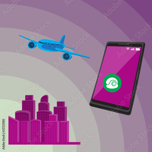 Smartphone airplane city travel icons on isolated background. Vector image.