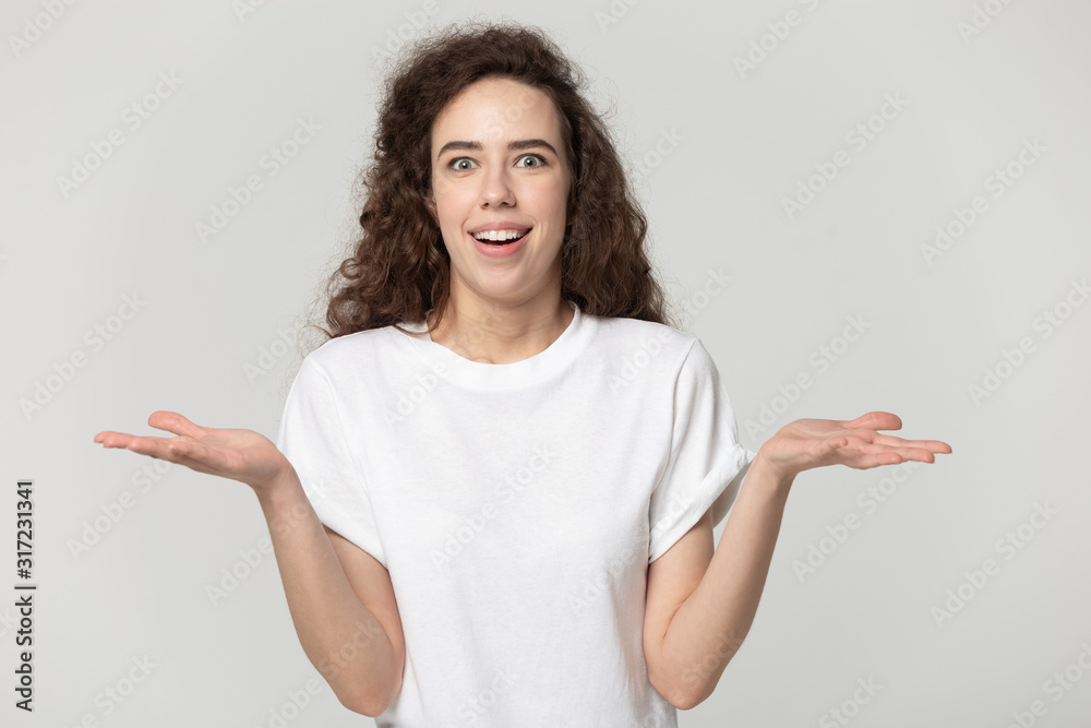 Doubtful uncertain young happy woman cannot make decision. Doubtful uncertain young happy woman cannot make decision.