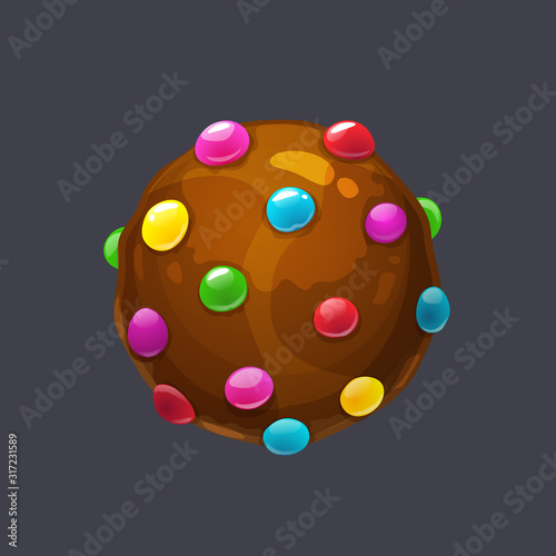 Chocolate round candy pops sprinkle. Candy bomb asset for game design.