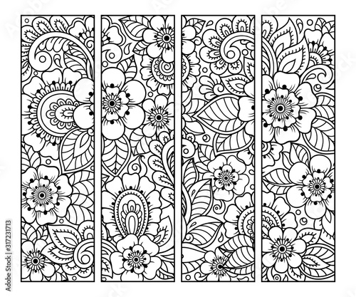 Bookmark for book - coloring. Set of black and white labels with floral doodle patterns, hand draw in mehndi style. Sketch of ornaments for creativity of children and adults with colored pencils.