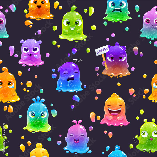 Seamless pattern with cute cartoon colorful slimy characters and blobs.