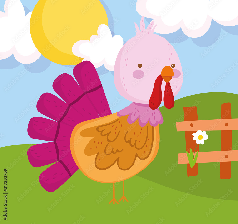 Obraz premium turkey flower wooden fence sun farm animal cartoon