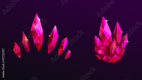 Beautiful pink crystals set. Shiny magic crimson gems.