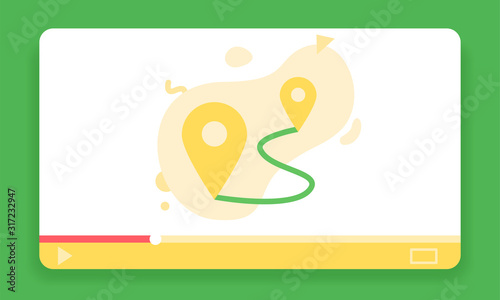 Travel blogger icon. Geo tag map pin flat style vector image in video player frame. Traveling influencer icon.