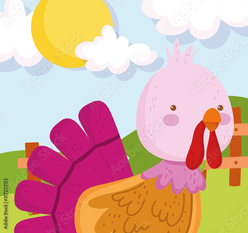 cute turkey fence grass sun clouds farm animal cartoon