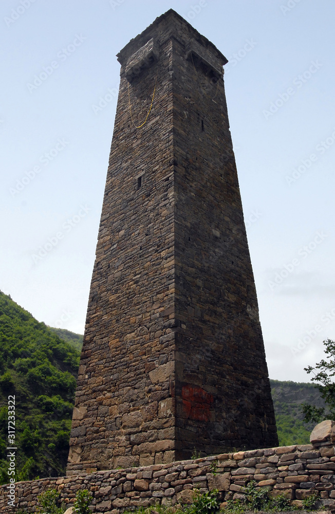 Medieval watch tower. Tazbichi village, Chechnya (Chechen Republic), Russia, Caucasus.