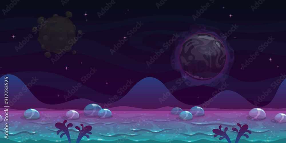 Seamless alien landscape view. Fantasy cartoon background with slimy ...