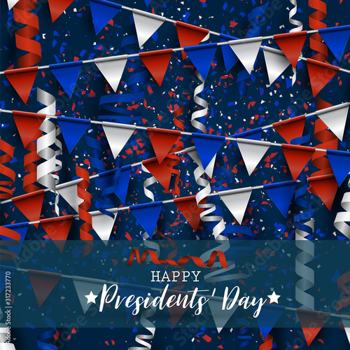 Happy Presidents day background. American flag colors blue, red, and white bunting and confetti. Celebration design concept. Vector illustration.