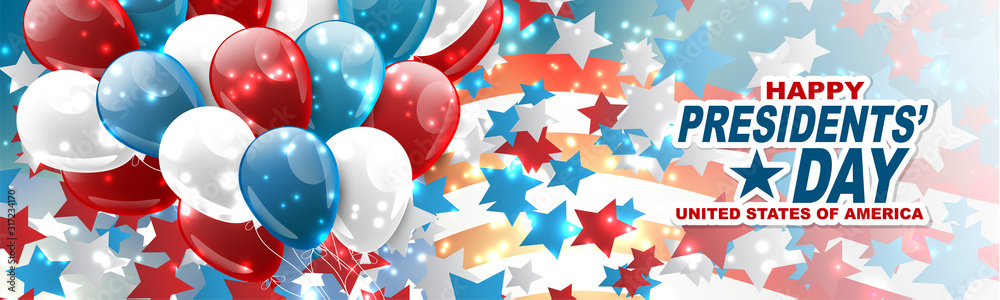 Happy Presidents day banner or website header. Newsletter design decor. USA national public holiday concept with american flag and balloons. Vector illustration. - obrazy, fototapety, plakaty 