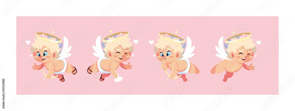 set of cute cupid angels in different poses, valentines day