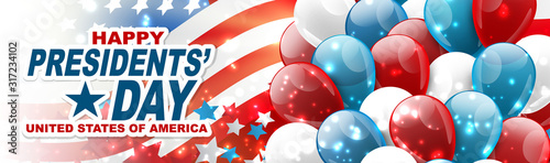 Happy Presidents day banner or website header. Newsletter design decor. USA national public holiday concept with american flag and balloons. Vector illustration.
