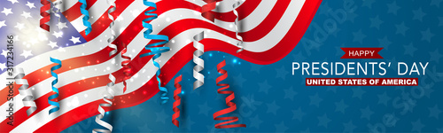 Happy Presidents day banner or website header. Newsletter design decor. USA national public holiday concept with american flag. Vector illustration.