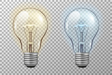Realistic light bulb. Glowing yellow and blue filament lamps. Vector 3D light bulbs set on transparent background. template creativity idea business innovation