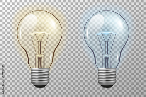 Realistic light bulb. Glowing yellow and blue filament lamps. Vector 3D light bulbs set on transparent background. template creativity idea business innovation photo