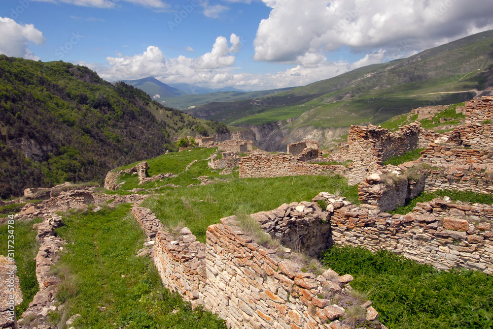 Ruins of old abandoned Khoy vallage which located on the bank of Ahkhete river. Chechnya (Chechen Republic), Russia, Caucasus.