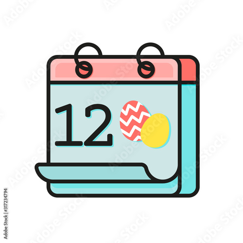 April 12 2020 Catholic Easter. Colorful calendar flat icon with date and Easter eggs isolated on white background. Cute element for card, social media banner, sticker, design. Vector illustration