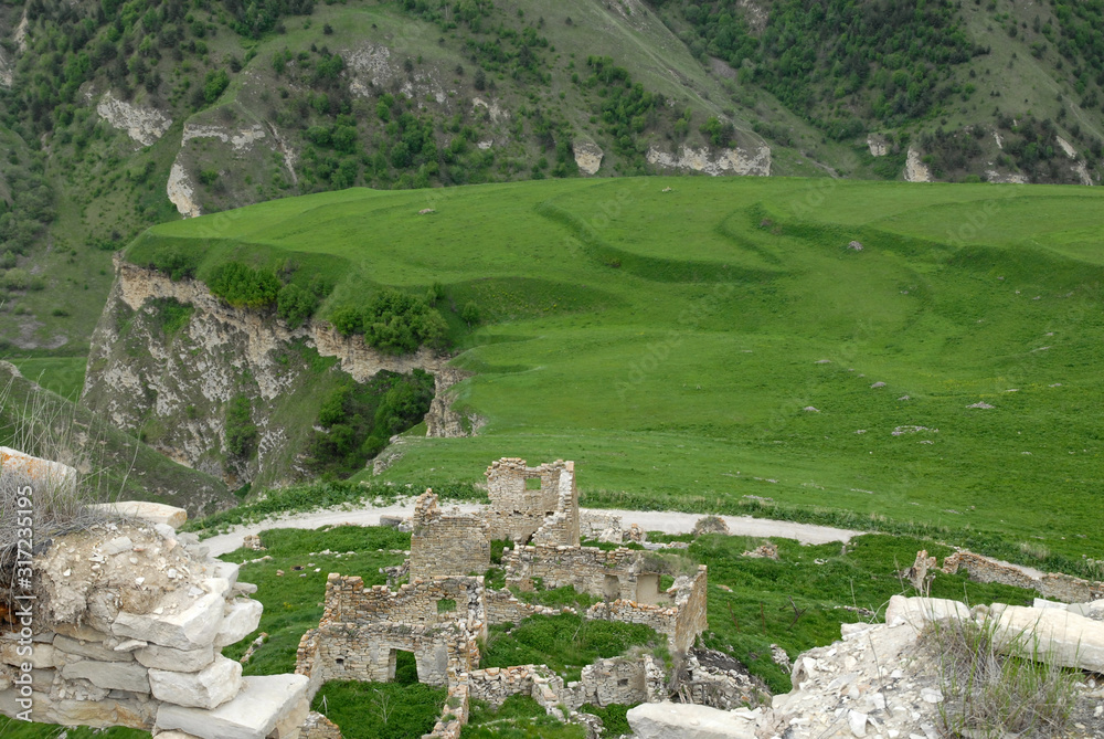 Ruins of medieval fortress. Outskirts of Khoy village which located on the bank of Ahkhete river. Chechnya (Chechen Republic), Russia, Caucasus.