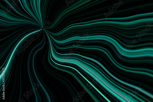 Abstract distorted perspective background. 3D futuristic effect. Smooth  flowing and glowing lines emitting from a central vortex.