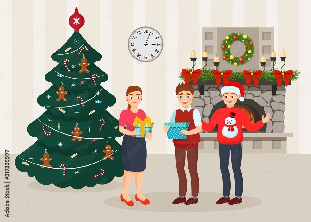 Christmas and New Year holiday celebration with gifts in happy family vector illustration. People woman, man, boy stand in decorated interior of room with Christmas tree, fireplace, wreath, candles. Christmas and New Year holiday celebration with gifts in happy family vector illustration. People woman, man, boy stand in decorated interior of room with Christmas tree, fireplace, wreath, candles.