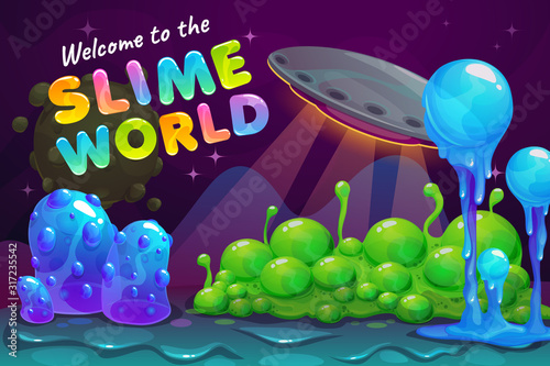 Slime world backcround. Fantasy alien landscape with UFO and slimy plants.