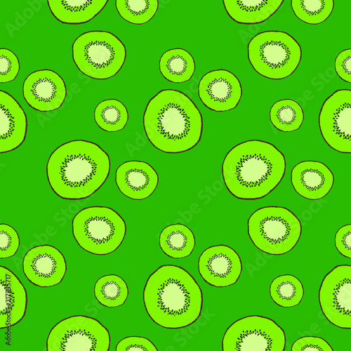 Colorful kiwi fruit bladder interrupts seamless pattern.