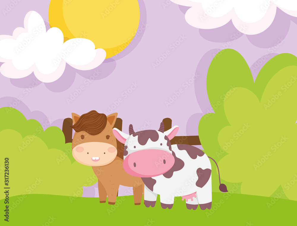 horse and cow wooden fence greenery farm animal cartoon