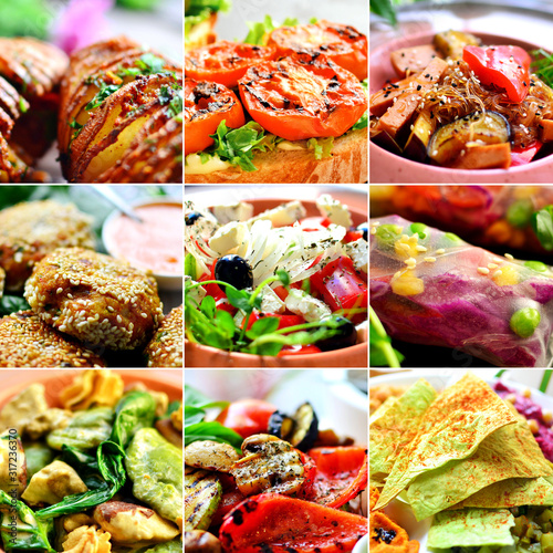 An assortment of vegetarian and vegan food. Collage of tasty food, closeup. Noodles, vegetables, potatoes, lettuce, roll, falafel, bruschetta, various healthy food.