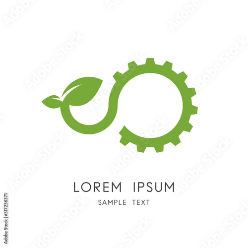 Industry and nature logo - gear wheel or pinion and sprout with leaves symbol. Green power and alternative energy, ecology and environment vector icon.