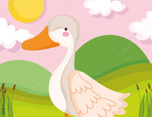 goose bird grass sun clouds farm animal cartoon