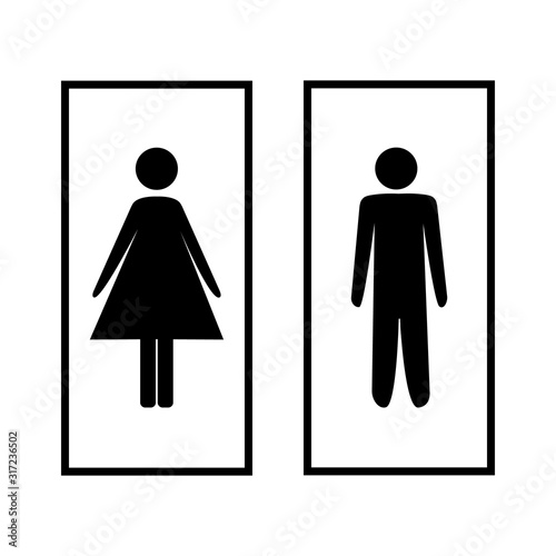 Black silhouette men and women icon in white rectangle. Sign restroom women and men. Icon public toilette and bathroom for hygiene. Template for poster, sign. Flat vector image. Vector illustration.