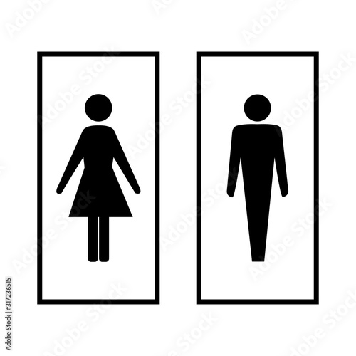 Black silhouette men and women icon in white rectangle. Sign restroom women and men. Icon public toilette and bathroom for hygiene. Template for poster, sign. Flat vector image. Vector illustration.