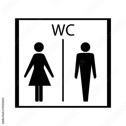 Black silhouette men and women icon in white rectangle. Sign restroom women and men. Icon public toilette and bathroom for hygiene. Template for poster, sign. Flat vector image. Vector illustration.