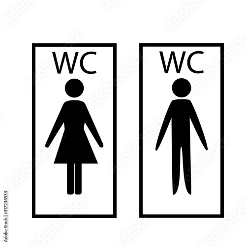 Black silhouette men and women icon in white rectangle. Sign restroom women and men. Icon public toilette and bathroom for hygiene. Template for poster, sign. Flat vector image. Vector illustration.