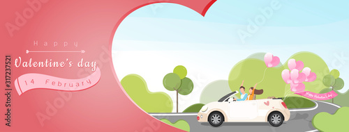 Valentine's day background banner with cartoon couple in a car