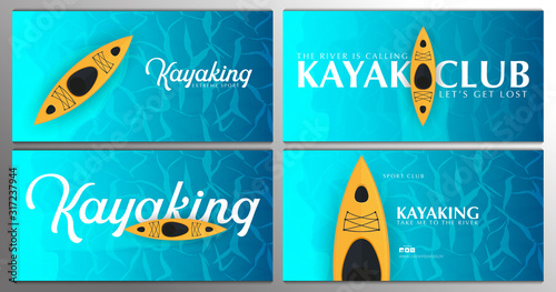 Set of Kayaking banners with top view on the yellow kayak. Summer Sea activities.